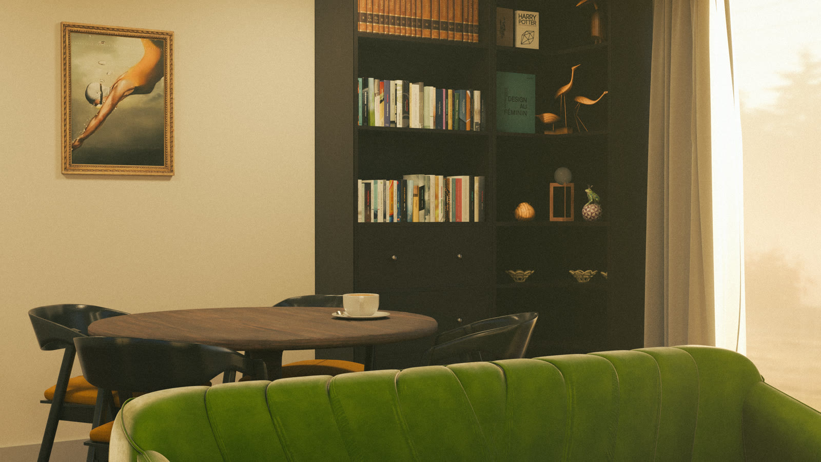 Archviz Room 3D — Living space — dining + library