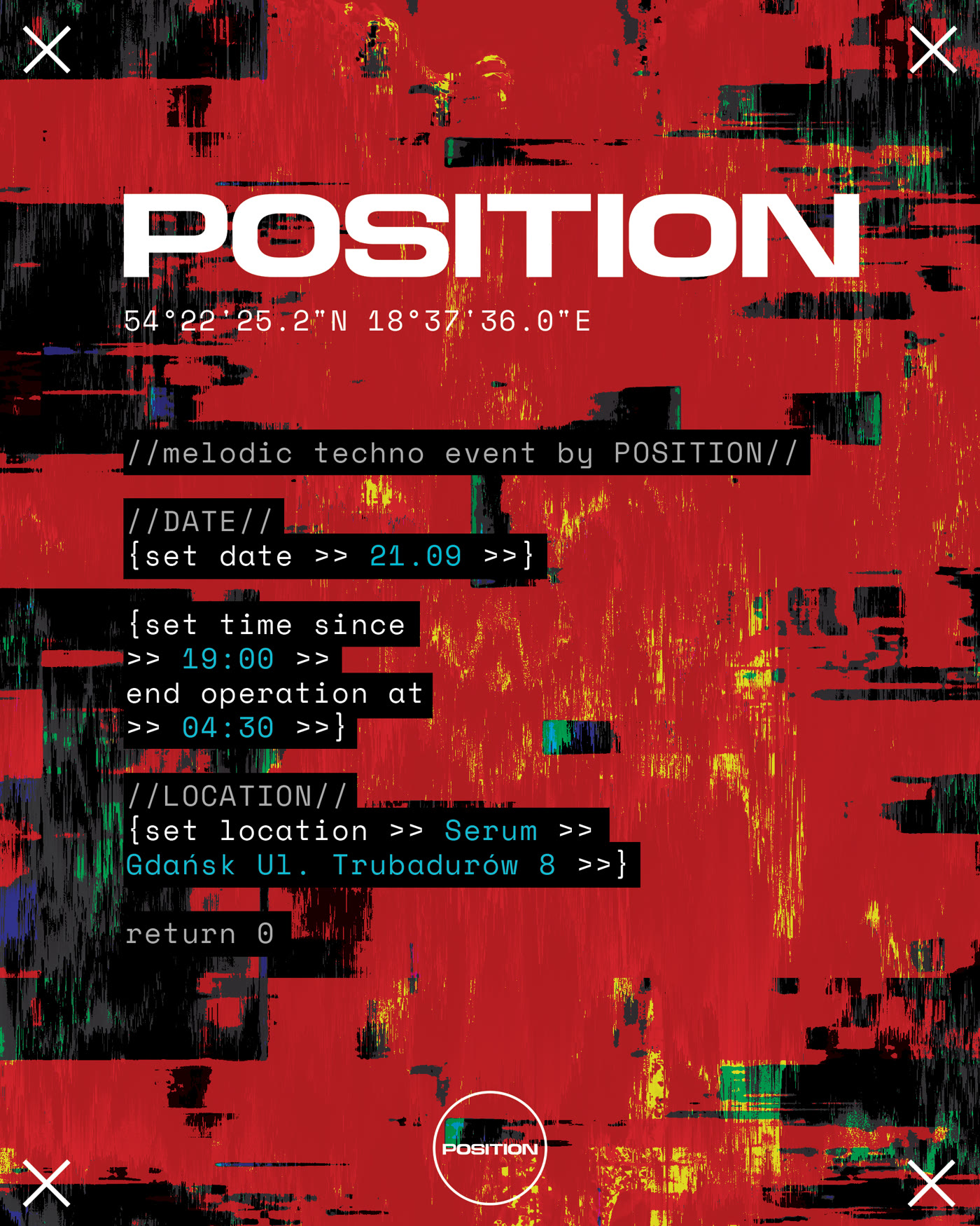Event Promotion — POSITION — poster, teal datamosh